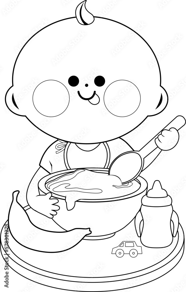 A baby is having his breakfast of cereal and fruits. Vector black and white coloring page A baby is having his breakfast of cereal and fruits. Vector black and white coloring page