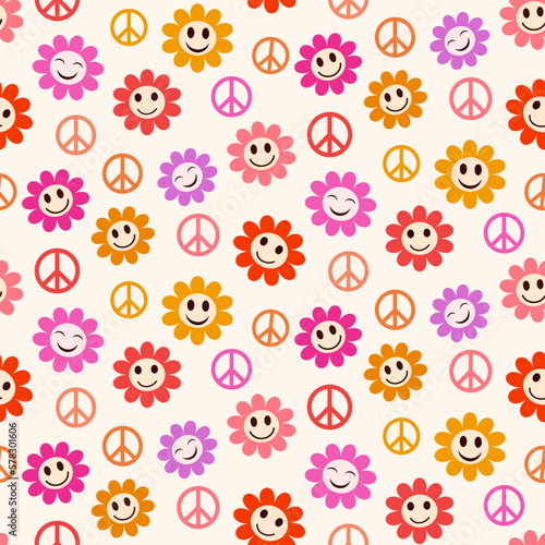 Colorful happy smiling groovy flowers seamless pattern with peace signs in pink, red, purple, yellow and orange on light background. For fabric, stationary,  kids designs and textile 