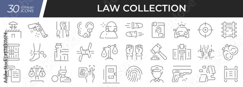 Law linear icons set. Collection of 30 icons in black