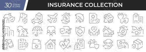 Insurance linear icons set. Collection of 30 icons in black