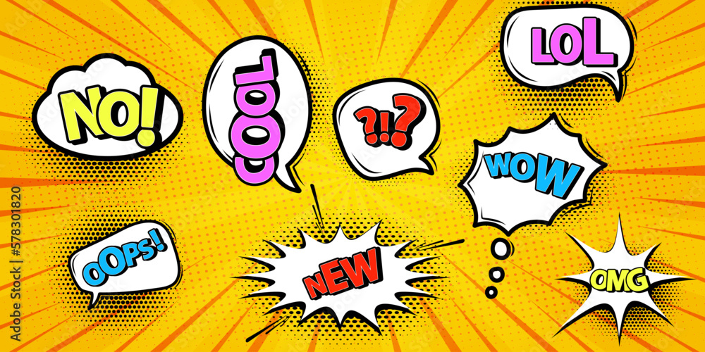 Set of comic cartoon speech bubble cloud with text