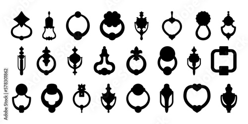 Set of black door knockers shapes. Knocker door collection