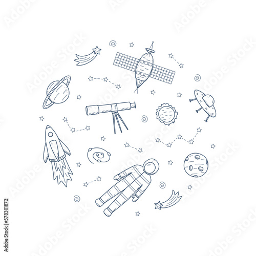 Cosmos doodle is a set of vector illustrations in the circle. Icons of space elements rocket cosmonaut stars satellite telescope comet.