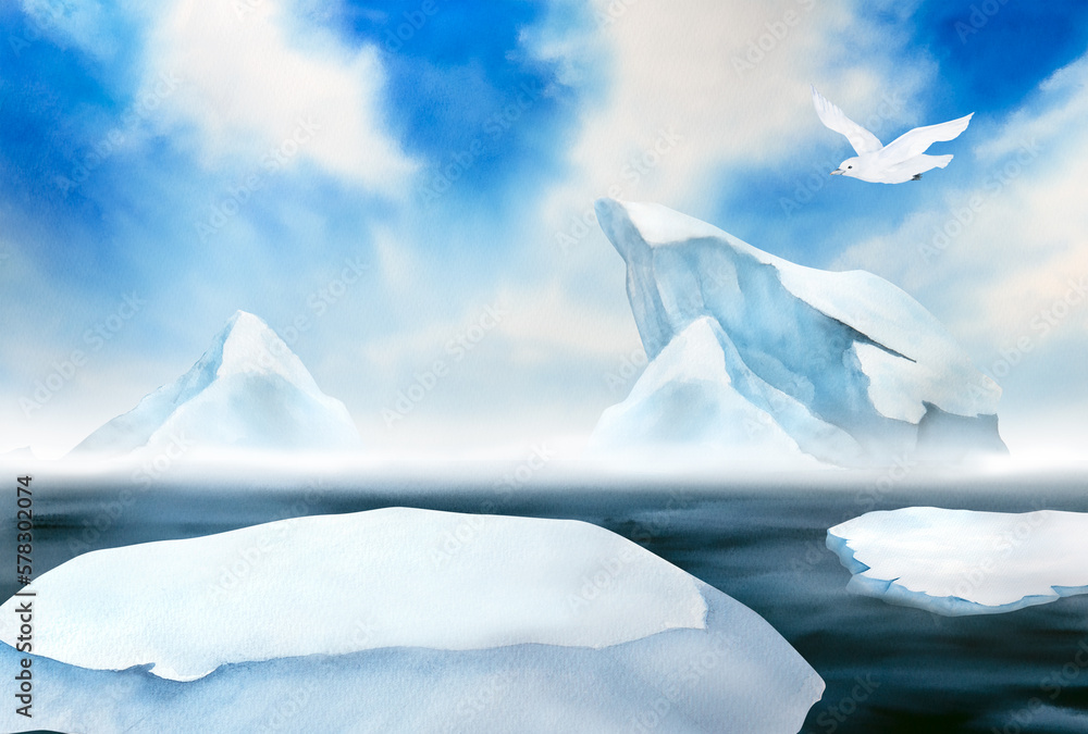 watercolor illustration of north sea landscape and underwater world, blue sky, iceberg, seagull