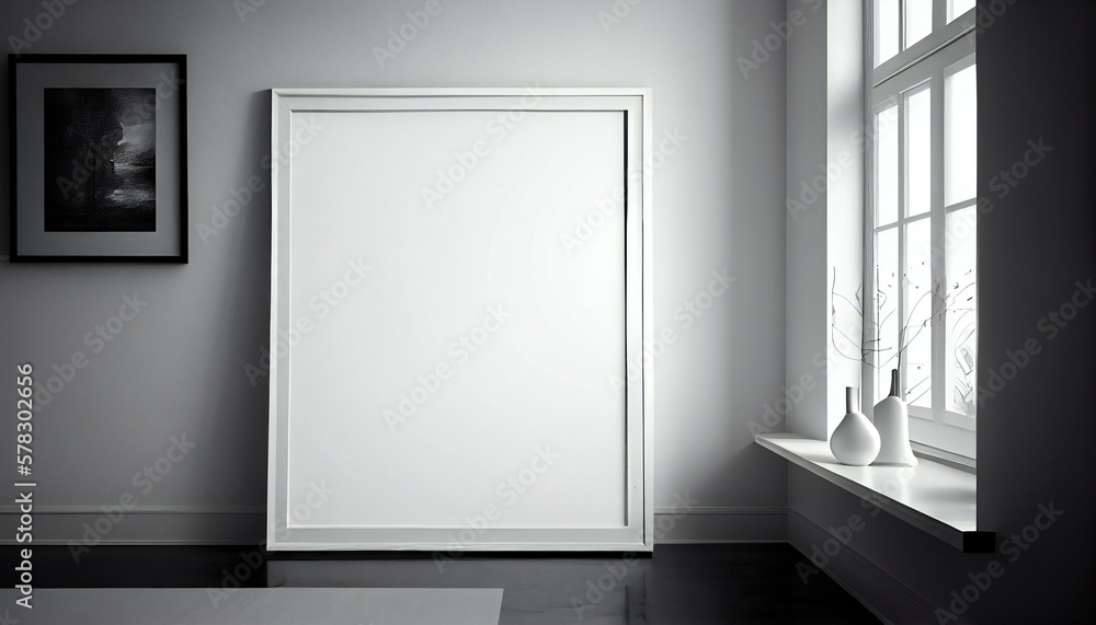 Blank picture frame mockup on the floor with white wall. White living room design with huge window and sunlight. Home staging and minimalism concept. Ai generative illustration. Blank picture frame mockup on the floor with white wall. White living room design with huge window and sunlight. Home staging and minimalism concept. Ai generative illustration.