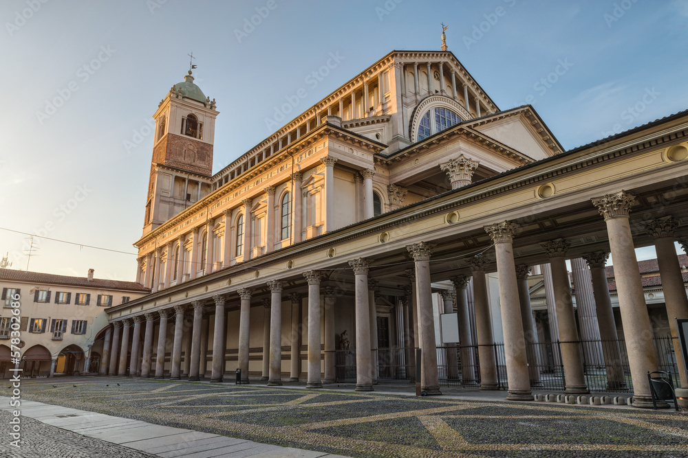 Italian city at sunrise. Historic center of Novara, piazza della Repubblica (square della Repubblica) with Novara cathedral (Duomo di Novara or Cattedrale di Santa Maria Assunta), north Italy