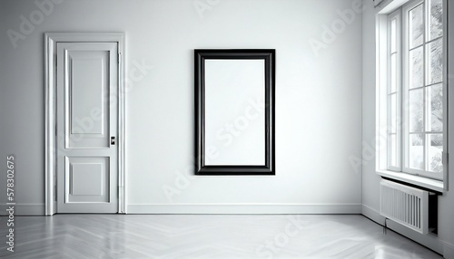 Empty vertical frame mockup in modern minimalist interior with white door and white wall background. Black frame template for artwork, painting or photo. Ai generative illustration.  © kilimanjaro 