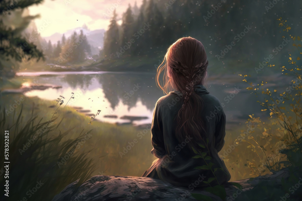 The girl sits with her back in nature. AI generative.
