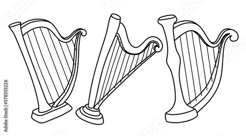 doodle of set Harp.  Classical string musical instrument. 