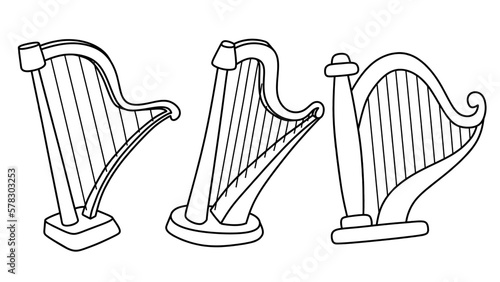 doodle of set Harp.  Classical string musical instrument. 