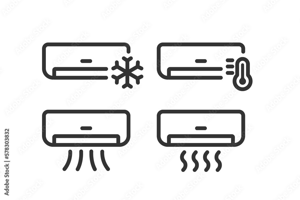 Air conditioner icon set on light background. Icons for business, ui. Home climate control symbol. Air cooler, humidity, cold, hot, flow. Outline style. Flat design. Air conditioner icon set on light background. Icons for business, ui. Home climate control symbol. Air cooler, humidity, cold, hot, flow. Outline style. Flat design.