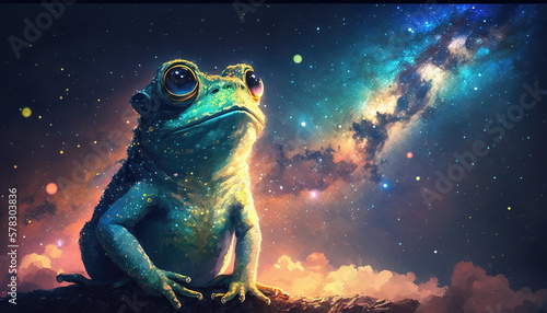 an epic illustration of a frog thinking about life and watching the milky way, galaxy and stars, generative ai technology