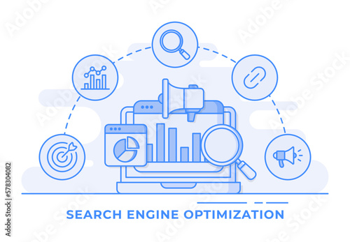 Infographic background of SEO search engine optimization, SEO performance, targeting and monitoring, SEO marketing analytics concept for landing page, web banner, mobile application, web design,