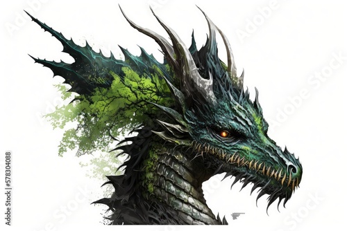 fantastic black green forest dragon with spikes on head isolated on white background, created with generative ai
