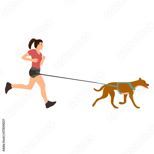 Young woman jogging with his dog on a leash. Caring for a pet. Vector illustration