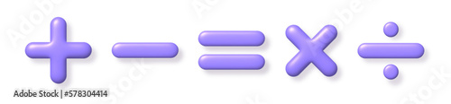 Math 3D icon set. Purple arithmetic plus, minus, equals, multiply and divide signs on white background with shadow. Vector illustration.