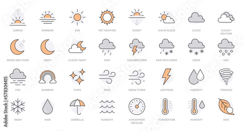 Weather line icons set. Sun, rain, thunder storm, dew, wind, snow cloud, night sky minimal vector illustrations. Simple flat outline signs for web, forecast app. Orange color. Editable Stroke