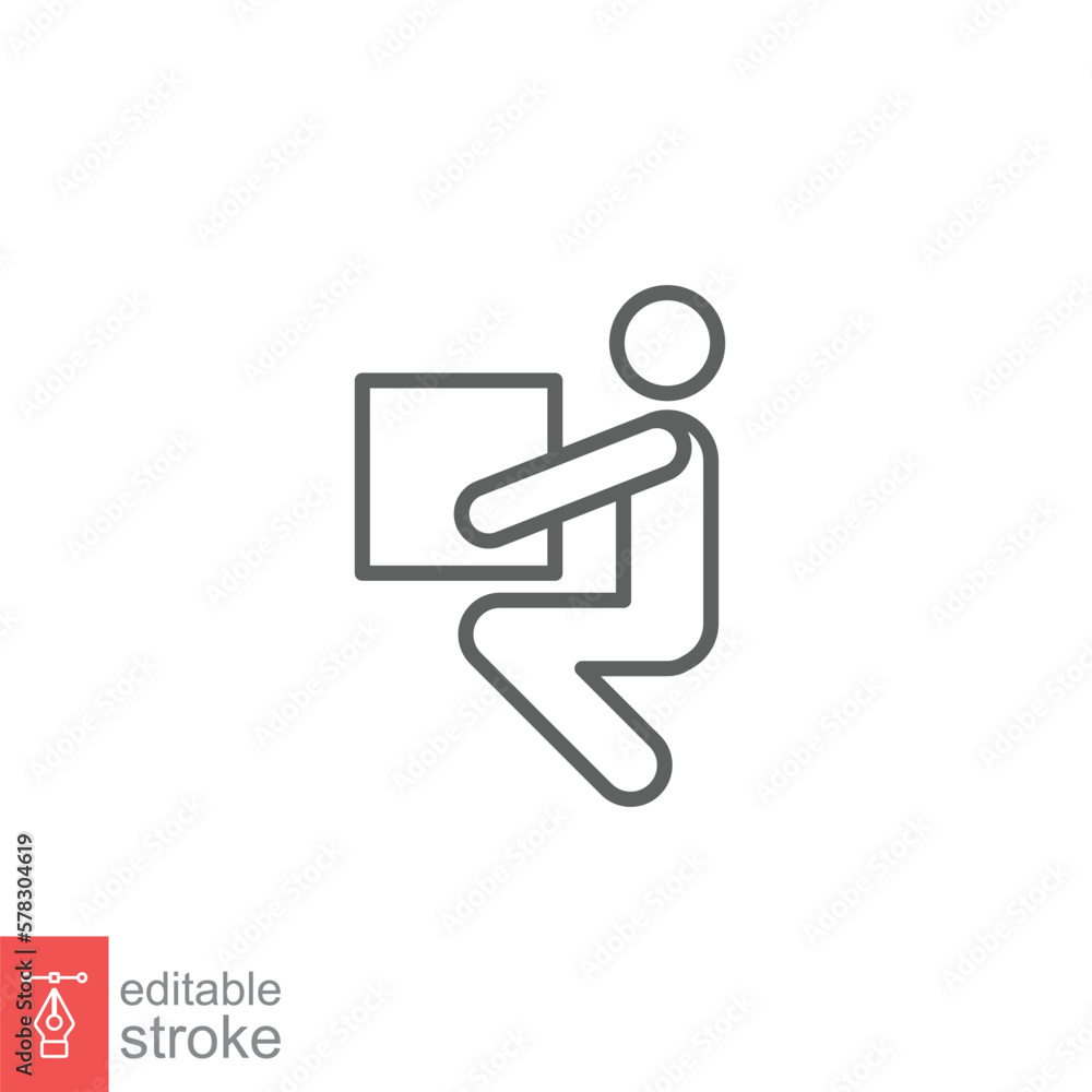 Lifting weights icon. Simple outline style for web template and app. Lift, man carry heavy box, delivery boy. Thin line vector illustration design isolated on white background. Editable stroke EPS 10. Lifting weights icon. Simple outline style for web template and app. Lift, man carry heavy box, delivery boy. Thin line vector illustration design isolated on white background. Editable stroke EPS 10.