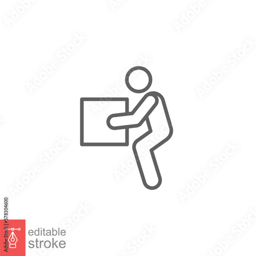 Lifting weights icon. Simple outline style for web template and app. Lift, man carry heavy box, delivery boy. Thin line vector illustration design isolated on white background. Editable stroke EPS 10.