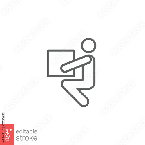 Lifting weights icon. Simple outline style for web template and app. Lift, man carry heavy box, delivery boy. Thin line vector illustration design isolated on white background. Editable stroke EPS 10.