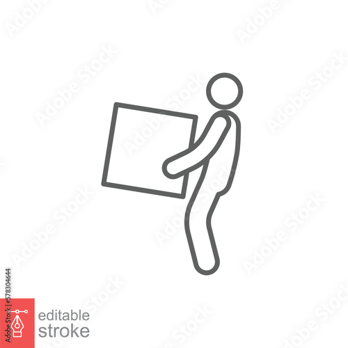 Lifting weights icon. Simple outline style for web template and app. Lift, man carry heavy box, delivery boy. Thin line vector illustration design isolated on white background. Editable stroke EPS 10.