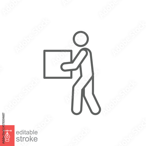Lifting weights icon. Simple outline style for web template and app. Lift, man carry heavy box, delivery boy. Thin line vector illustration design isolated on white background. Editable stroke EPS 10.