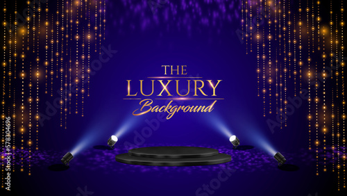 Golden Purple Stage Award Background. Shimmer Lights for Wedding, Marriage, Engagement Ceremony with Trophy. Black Podium Empty Stage Background. Luxury Graphics. Traditional Indian Background.