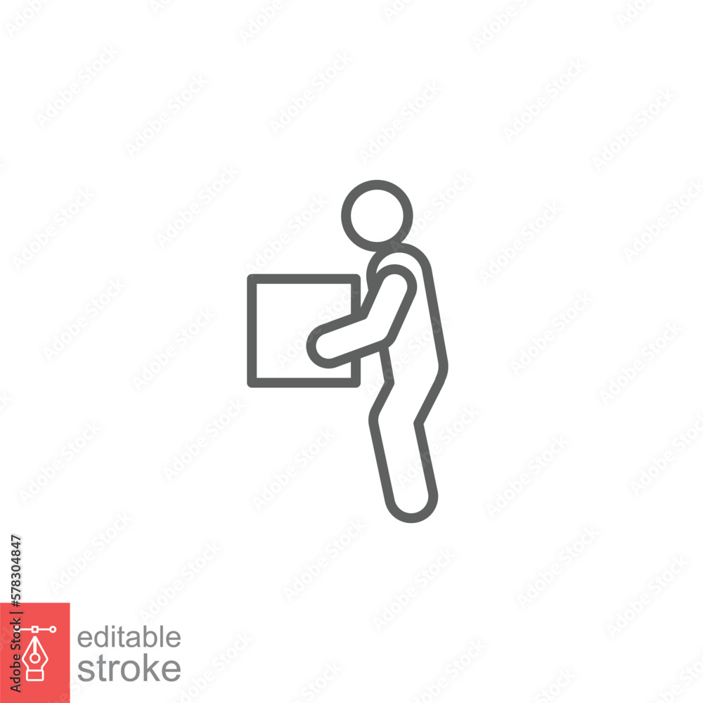 Lifting weights icon. Simple outline style for web template and app. Lift, man carry heavy box, delivery boy. Thin line vector illustration design isolated on white background. Editable stroke EPS 10. Lifting weights icon. Simple outline style for web template and app. Lift, man carry heavy box, delivery boy. Thin line vector illustration design isolated on white background. Editable stroke EPS 10.