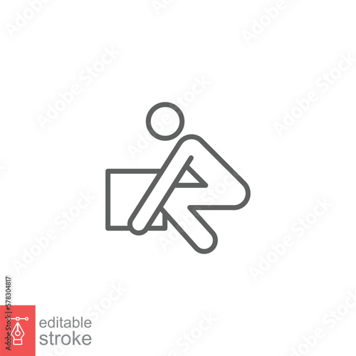 Lifting weights icon. Simple outline style for web template and app. Lift, man carry heavy box, delivery boy. Thin line vector illustration design isolated on white background. Editable stroke EPS 10.