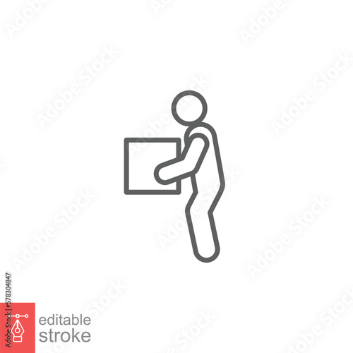 Lifting weights icon. Simple outline style for web template and app. Lift, man carry heavy box, delivery boy. Thin line vector illustration design isolated on white background. Editable stroke EPS 10.