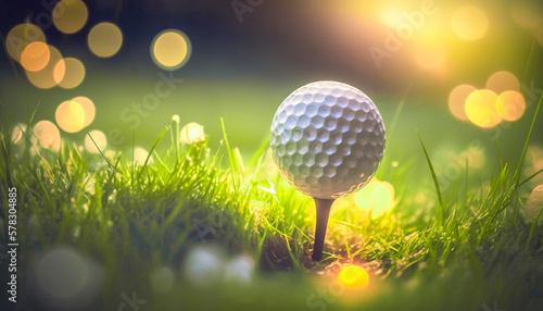 golf ball on tee with grass and beautiful sunlight, generative ai