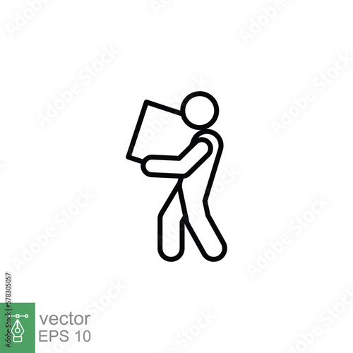 Lifting weights icon. Simple outline style for web template and app. Lift, man carry heavy box, delivery boy. Thin line vector illustration design isolated on white background. EPS 10.