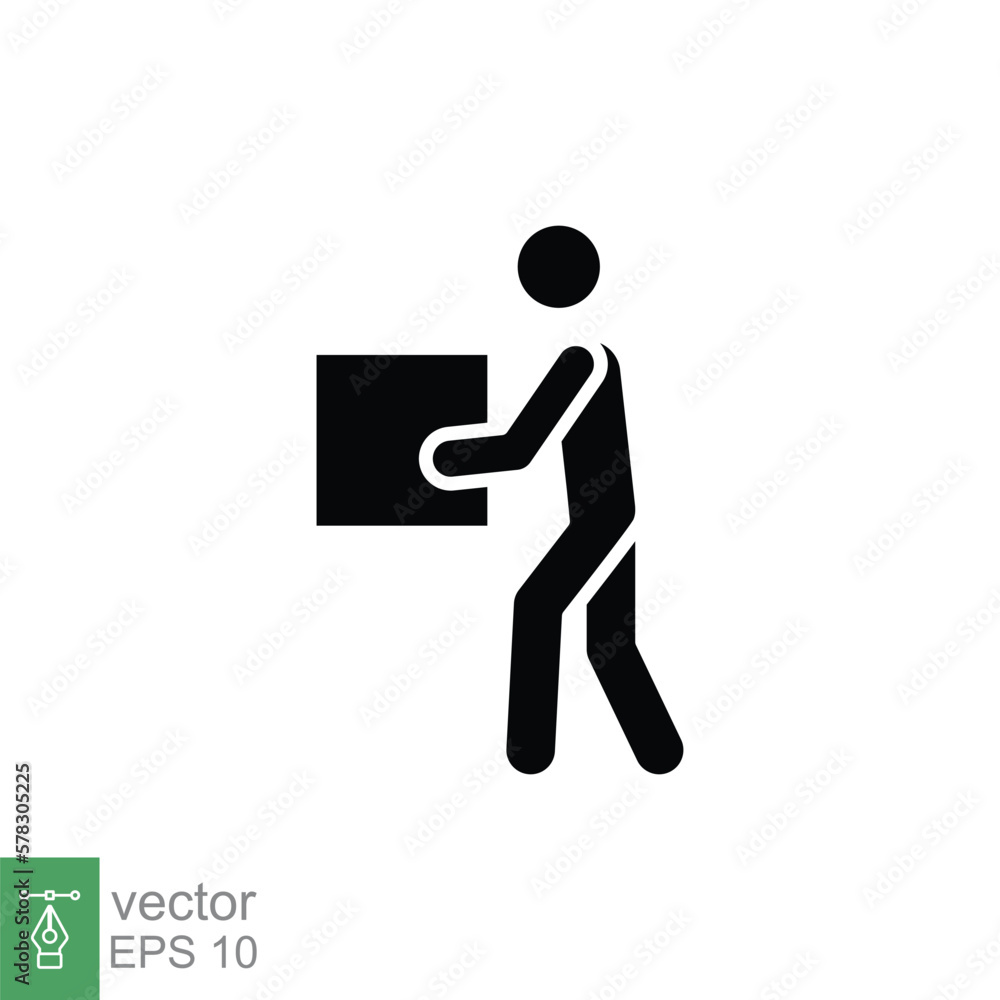 Lifting weights icon. Simple solid style for web template and app. Lift, man carry heavy box, delivery boy. Black silhouette, glyph vector illustration design isolated on white background. EPS 10. Lifting weights icon. Simple solid style for web template and app. Lift, man carry heavy box, delivery boy. Black silhouette, glyph vector illustration design isolated on white background. EPS 10.