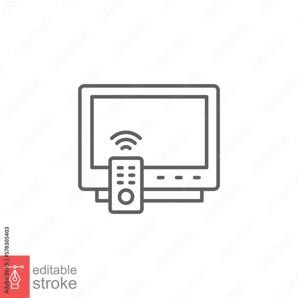 TV and remote icon. Simple outline style for web template and app. Television, control, channel, technology concept. Thin line vector illustration design on white background. Editable stroke EPS 10. TV and remote icon. Simple outline style for web template and app. Television, control, channel, technology concept. Thin line vector illustration design on white background. Editable stroke EPS 10.