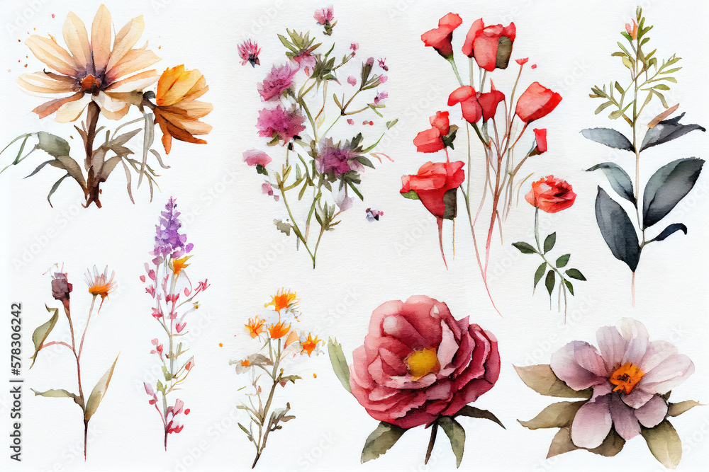 AI Generated image of a collection of different flowers on white background