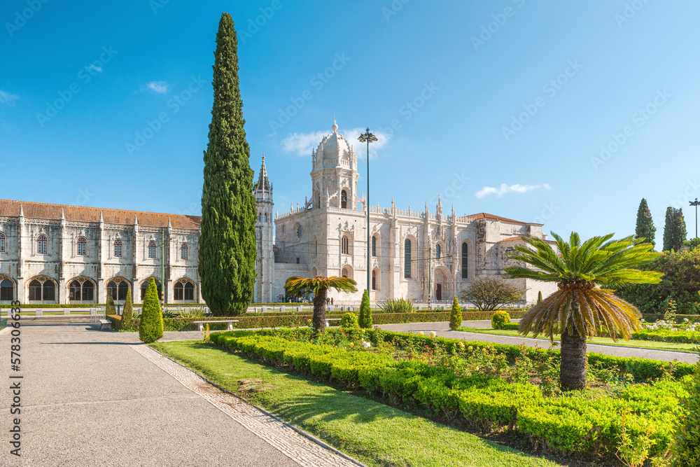 Fototapeta premium Jeronimos monastery or Hieronymites UNESCO world heritage site, in Lisbon, Portugal. Medieval gothic abbey