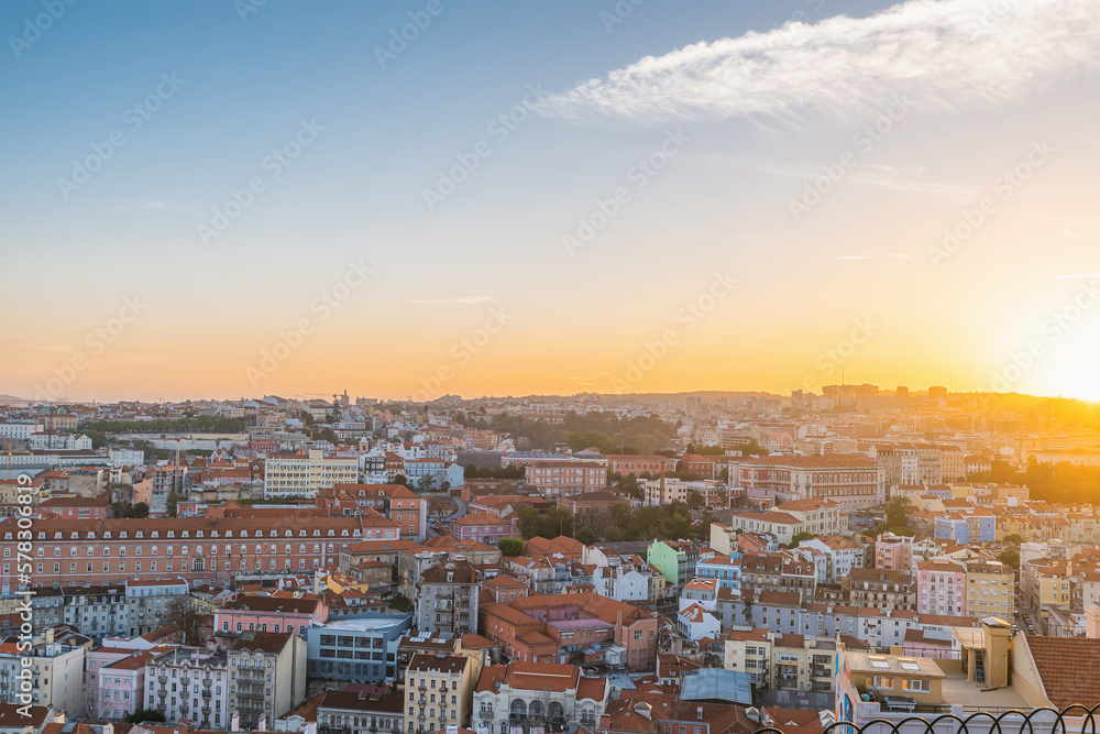 Lisbon, Portugal. Beautiful sunset aerial view of old town of Lisboa city