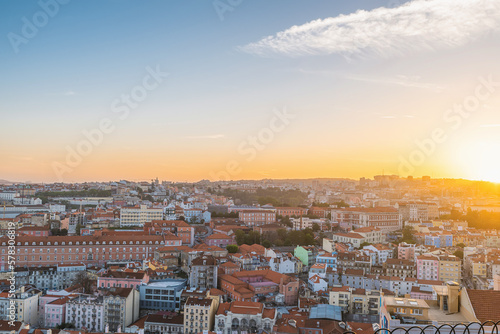 Lisbon  Portugal. Beautiful sunset aerial view of old town of Lisboa city
