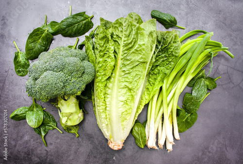 Green vegetables on gray background