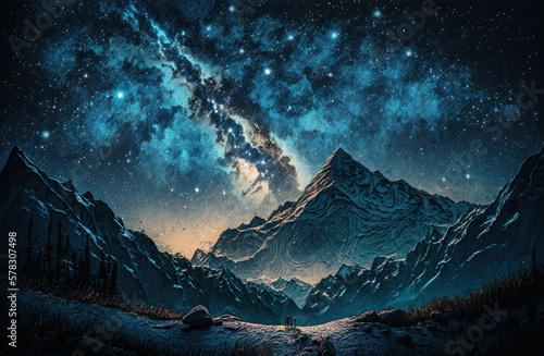 Mountains, milky way and starry sky. Abstract picture in the style of post-impressionism. Generative AI