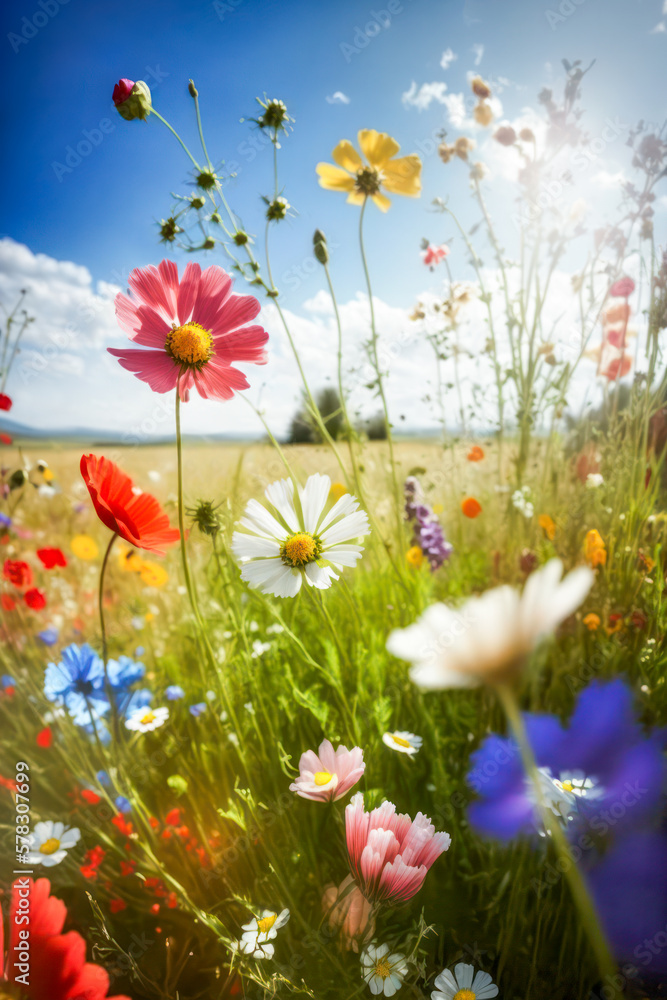 Wild flowers on a meadow. Generative AI.