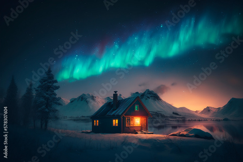 a living house for an expedition in the arctic north in winter in the snow against a backdrop of the glowing northern lights at night  stars in the sky. Generative AI