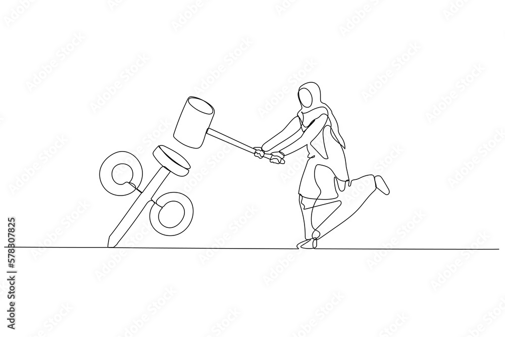 Obraz premium Illustration of muslim woman using hammer smash the percentage sign to the floor. Concept of interest rate. One continuous line art style