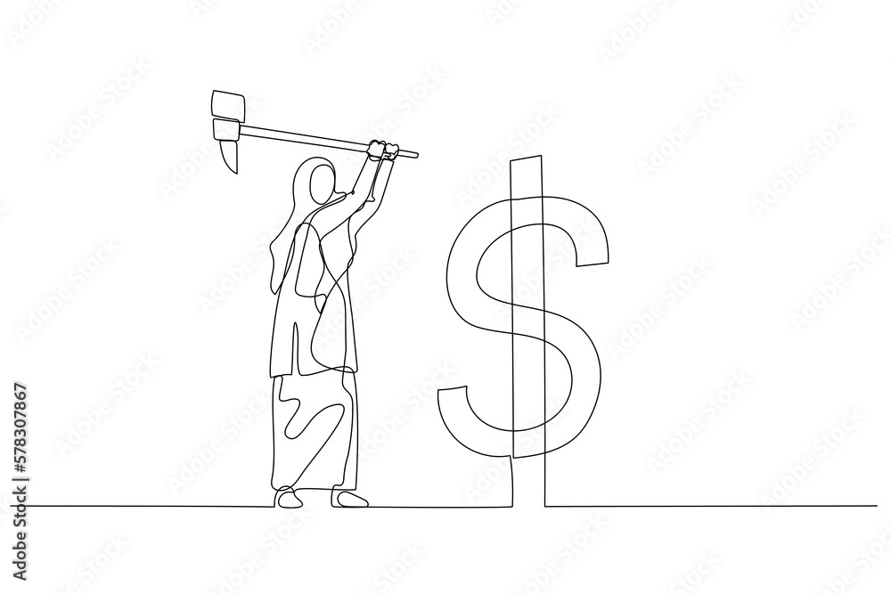 Φωτογραφία Cartoon of muslim woman with hammer hit dollar sign USD sign