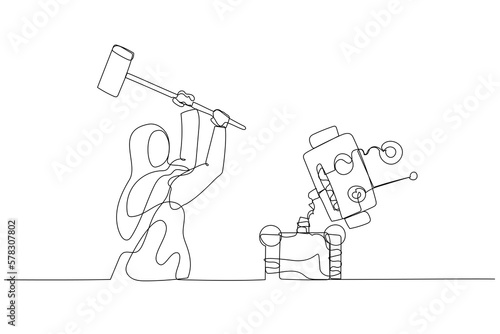 Quadro em tela Cartoon of muslim woman destroying robot with hammer