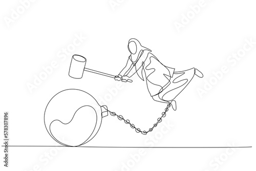 Cartoon of muslim woman smash chain steel ball with hammer. Concept of break free. Single continuous line art style