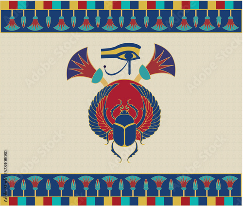 Ancient Egyptian ornament for sacred Scarab wings and louts flowers with Eye of Horus Symbol - illustration Vector  with ancient Egyptian colors palette