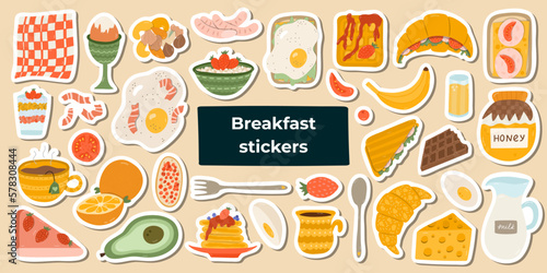 Big set of stickers with food and beverage for breakfast. Different variations for meal: vegetarian, healthy, fried, meat. Popular products. Egg, oatmeal, avocado, toast, croissant, chia, pancakes.