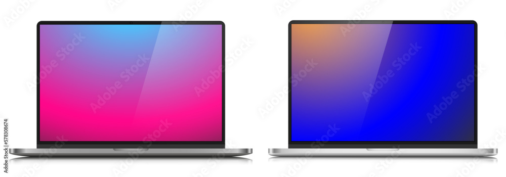 A set of laptop layouts in a metal case. Models of modern laptops with color screens on a white background. Vector illustration.