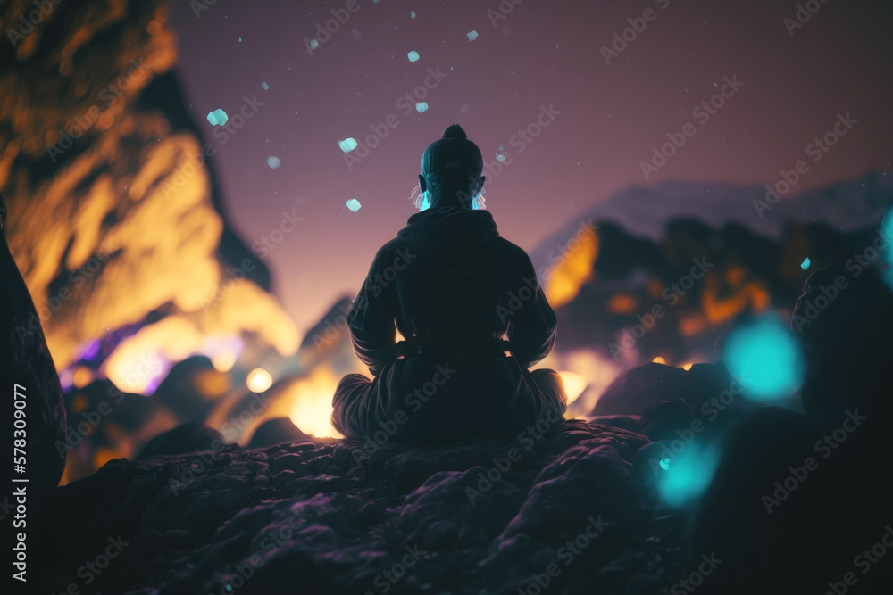  Meditation: Meditating monk in a calm atmosphere with a beautiful landscape | Generative AI Production